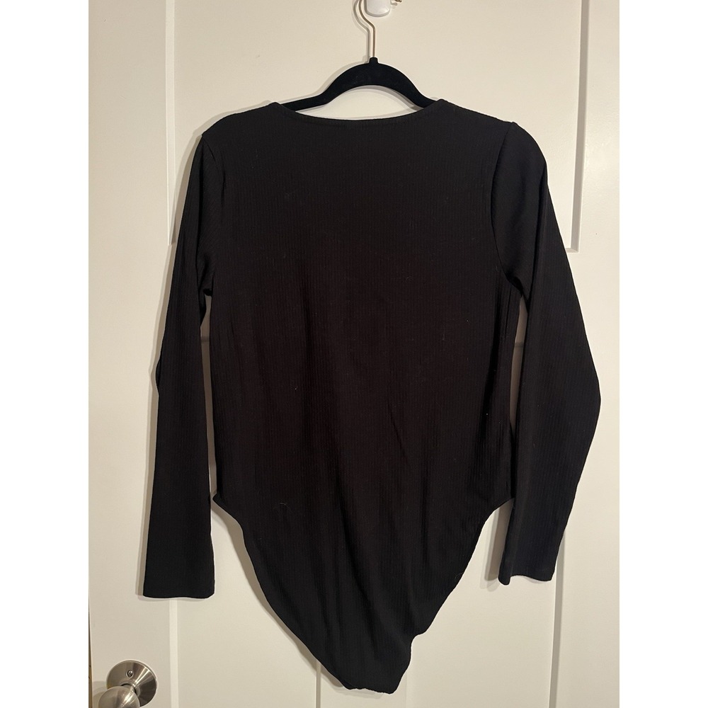 Old Navy Womens XL Black Ribbed Square Neck Long Sleeve Bodysuit Snap Closure - Picture 2 of 4